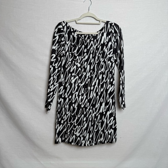 MILLY Women 3/4 Sleeve Graffiti Scribble Print Shift Dress Black White Size 2 - Picture 1 of 11